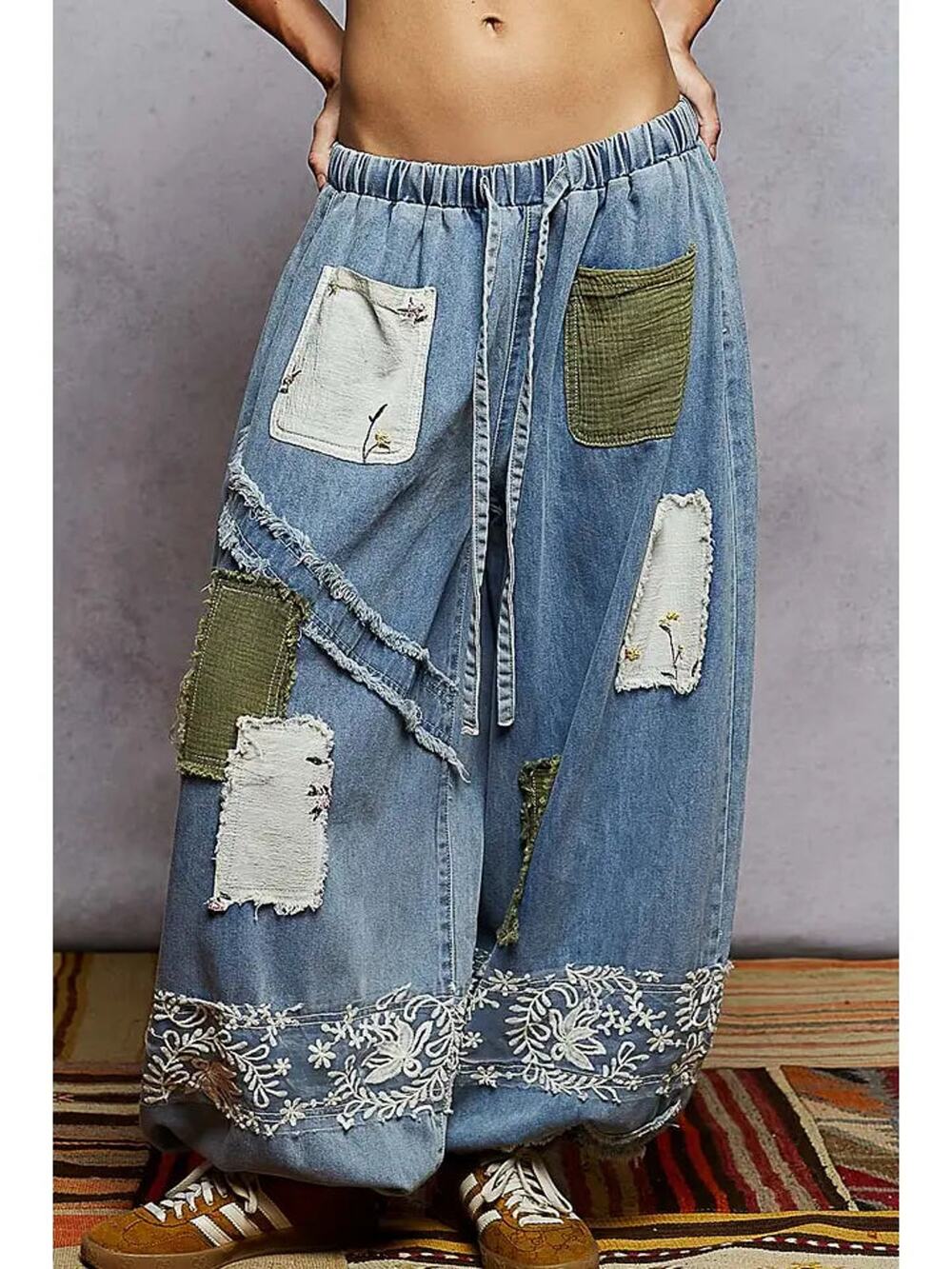 POL Denim Wide-Leg Patchwork Joggers with Olive & Cream Patches
